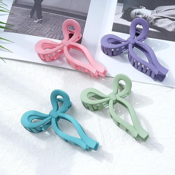 4 PCS Bow Hair Clips Bow Claw Clip for Women Nonslip Large Hair Claw Clips for Thin and Thick Hair Strong Hold Hair Bows (Pink+Green+Purple+Blue)
