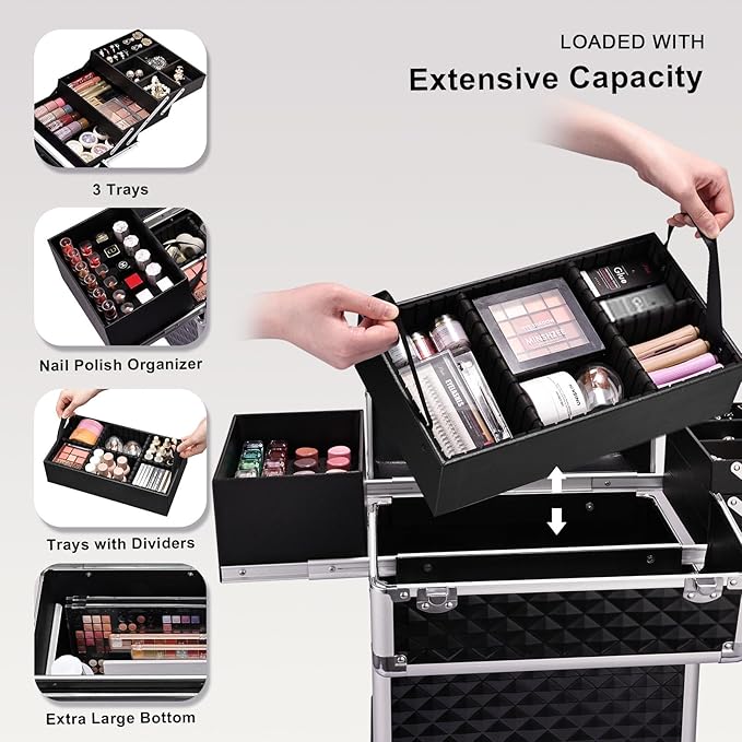 Stagiant Rolling Makeup Train Case Large Storage Cosmetic Trolley 4 Tray with Sliding Rail Removable Middle Layer with Key Swivel Wheels Salon Barber Case Traveling Cart Trunk