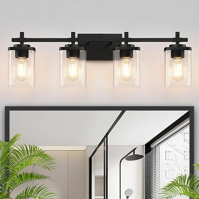 4-Lights Matte Black Bathroom Light Fixture, Modern Black Vanity Lights Over Mirror with Clear Glass Shade, Bathroom Wall Mounted Lamp for Mirror Living Room Hallway Cabinet