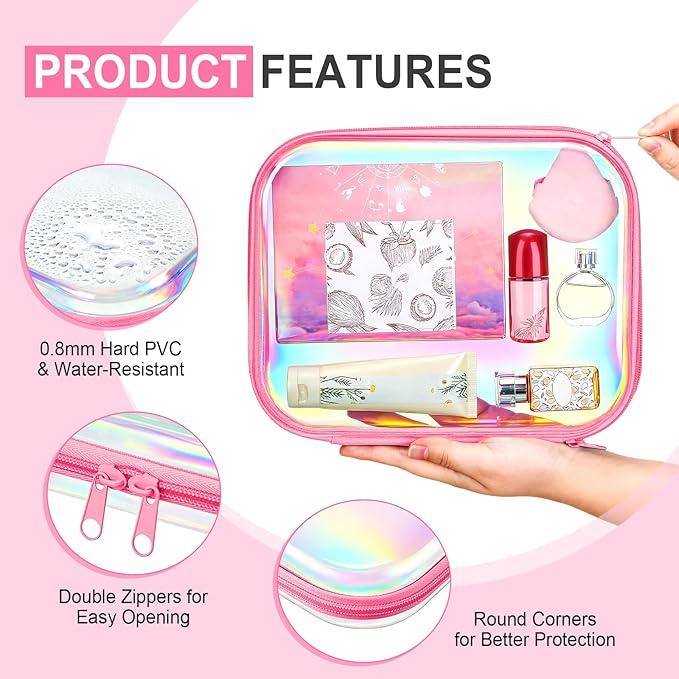 Hoolerry 4 Pcs Hard Clear Zipper Case Makeup Bags Plastic Zipper Pouch Transparent Storage Box Containers for Cosmetics, Snacks, Building Blocks, Puzzles(Clear,9.8 x 7.9 x 2 in,Pink Laser)