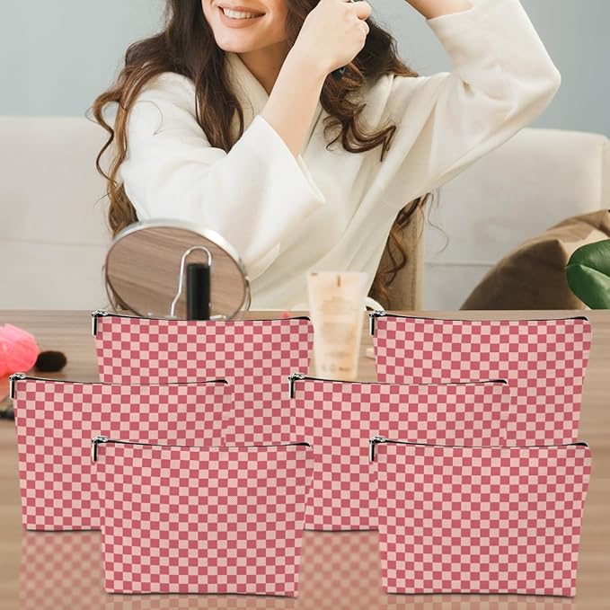6 Pcs Checkered Makeup Bags Make up Bag Cosmetic Bags for Women Girls Employee Bestie Appreciation Christmas Birthday Travel Toiletry Bag Aesthetic Zipper Organizer Accessories, Cute Pink Plaid