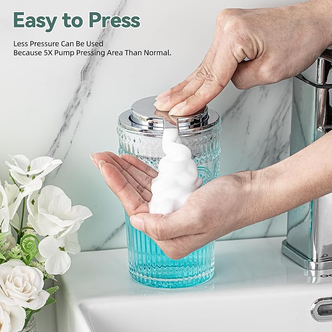 Glass Foaming Soap Dispenser - Foam Hand Soap Dispenser Bathroom, 10 OZ Clear Refillable Liquid Dispenser for Kitchen Dish Dispenser Foam Pump Silver
