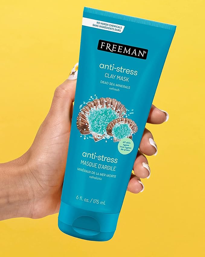 FREEMAN Dead Sea Minerals Anti-Stress Clay Facial Mask, Hydrating & Clarifying, Clears Pores, Face Mask With Lavender & Bergamot For Radiant Skin, Skin Types, 6 fl. oz./175 mL Tube (Pack of 2)