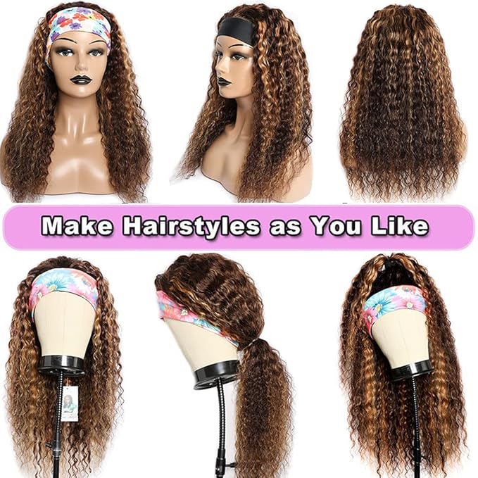 XSY Curly Headband Wig Human Hair Highlight Ombre Deep Wave Headband Wigs for Black Women #4/27 Golden Brown Wig 28 Inch