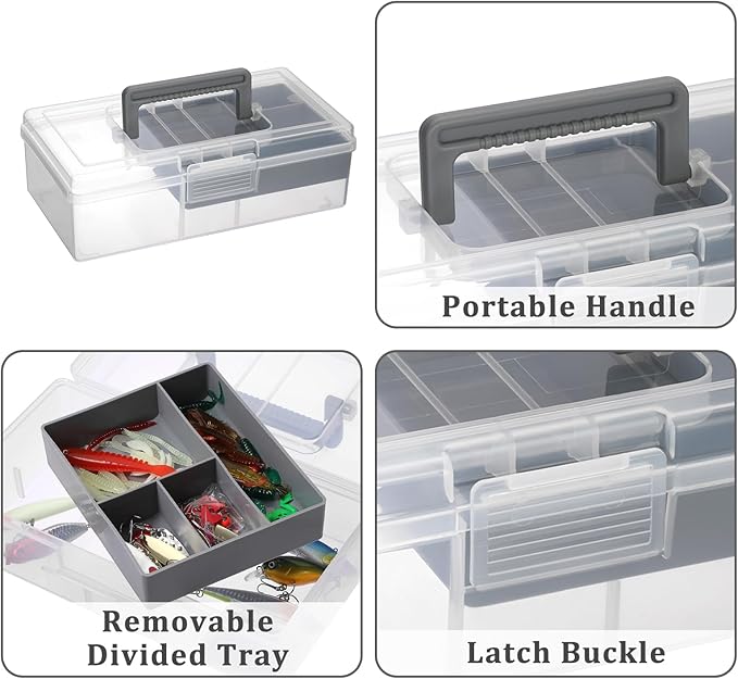 JUXYES Plastic Carry Storage Box with Removable Dividers, Clear Art Craft Supply Storage Bin Sewing Box With Handle Lid, 2 Layers Stationery Storage Case for School/Office Supplies