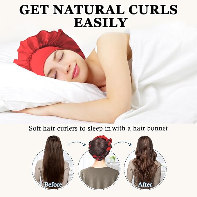 Heatless Curls Overnight Hair Curlers to Sleep In, 9 PCS Velvet Heatless Hair Curler Overnight Curls for Women Long medium Hair Volumes, Heatless Curling Waves Set with Sleep Bonnet - Red