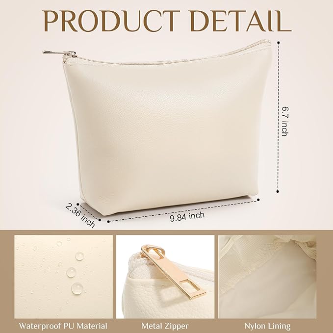 Kigeli PU Leather Makeup Bag for Women Gift Cosmetic Pouch for Purse Waterproof with PU Leather Travel Toiletry Organizer with Zipper for Women Bridesmaid Friend Gift(White)