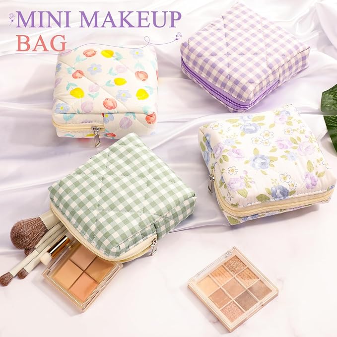 Paterr 4 Pcs Mini Quilted Floral Makeup Bag Women Gifts Small Cosmetic Bag Floral Quilted Makeup Pouch with Zipper Cute Travel Toiletry for Mom Teacher Women Girls Gifts(Blue Flower, Gingham)