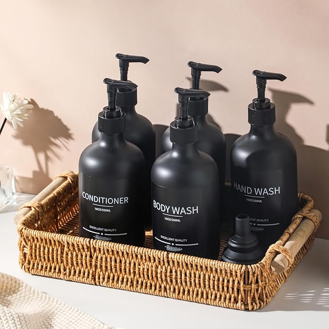 Reusable Shampoo and Conditioner Bottles (5Pack Matte Black) Plastic 16.9oz Dispenser for Conditioner,Shampoo Containers for Shower