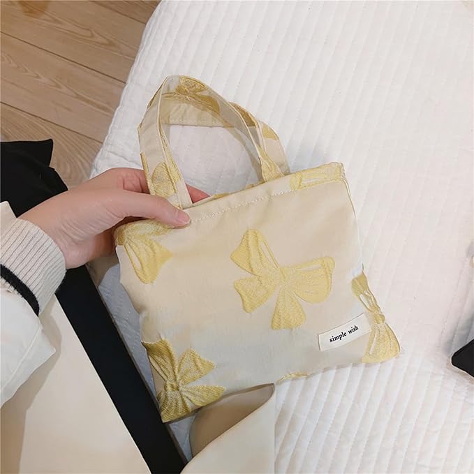 Wudygirl Bow Makeup Bag Travel Cosmetic Bag for Women Small Makeup Pouch with Handle Zipper Cosmetic Pouch Handbag Aesthetic (Yellow Bow)