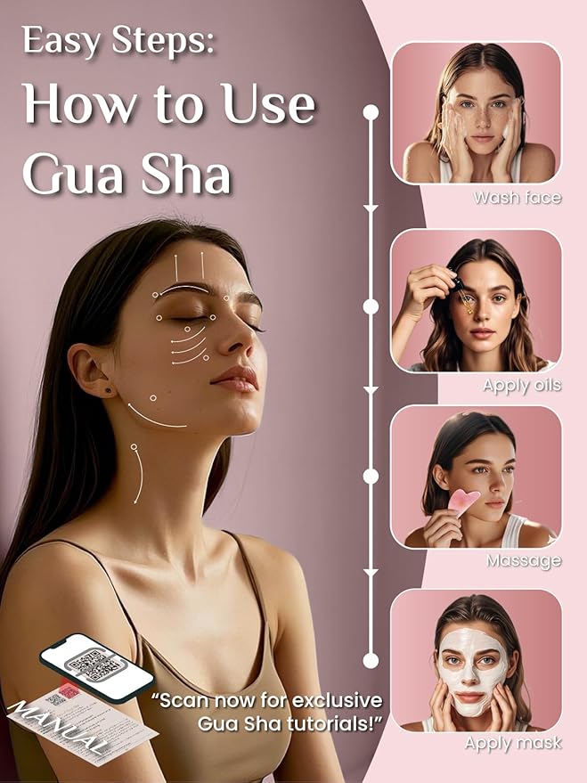 Rena Chris Gua Sha Facial Tools, Rose Quartz Guasha Tool for Acupuncture, Manual Massage Tool for Jawline Sculpting and Puffiness Reducing, Gua Sha Facial Massage Tool with Silicone Case (Rose Pink)