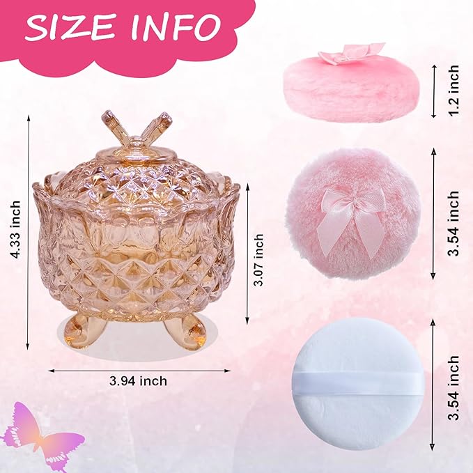5 Pieces Large Body Powder Puff and Powder Container, Crystal Case for Dust Puff, Powder applicator with Box for Face and Body (Amber, Butterfly)