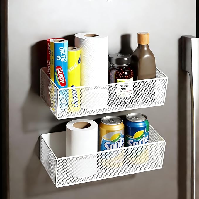 Magnetic Basket Organizer Holder for Fridge，Magnetic Shelf for Washing Machine， Magnetic Mesh Basket, White Rectangular Steel Shelf Organizer, 10.43 x 4.92 x 3.15 Inches (White, 1 pack)
