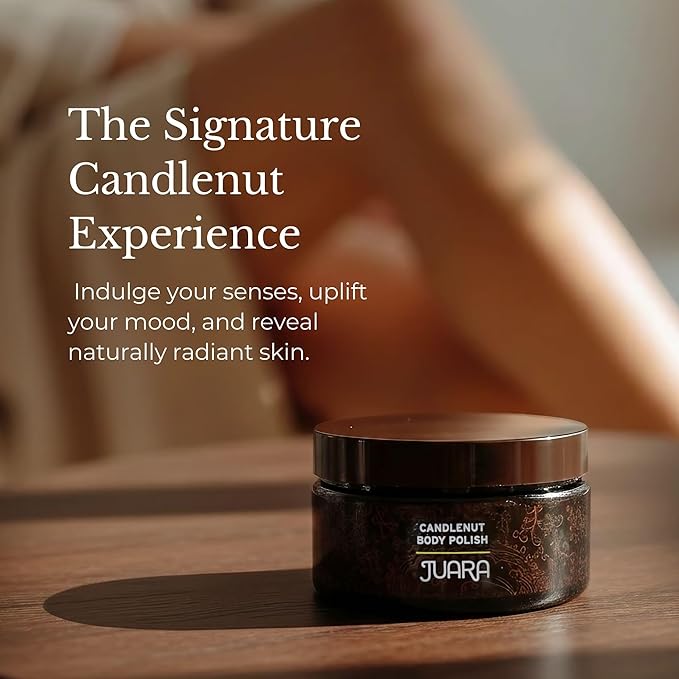 JUARA Candlenut Body Polish - 2-in-1 Exfoliating Body Scrub with Candlenut Oil, Rice Bran & Walnut Shell - Moisturizing Body Exfoliator, No Water Needed, Indonesian Jamu, (7.5 ounce)