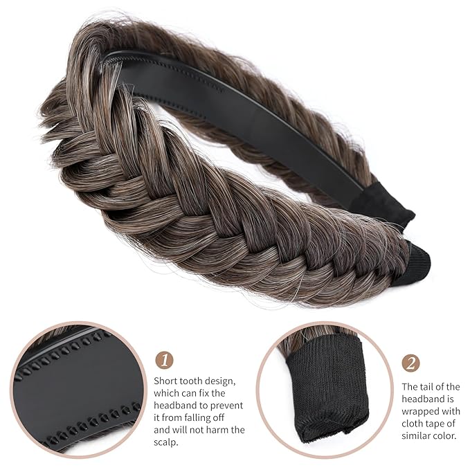 DIGUAN Wide Messy Braided Headband With Teeth Synthetic Hair Plaited Headband High Elasticity Braids Chunky Fishtail Braided Hair Band Hairpiece for Girls Women (Grayish brown)