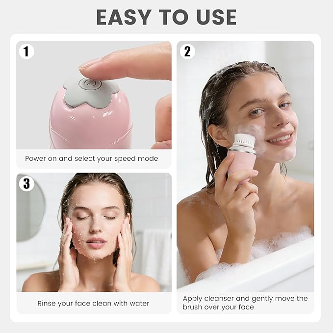 Facial Cleansing Brush, Mini Electric Face Scrubber, Waterproof Face Exfoliator Brush for Deep Cleansing, Portable Face Wash Brush for Travel, Easy to Carry, with 3 Brushheads for Women Mom Men