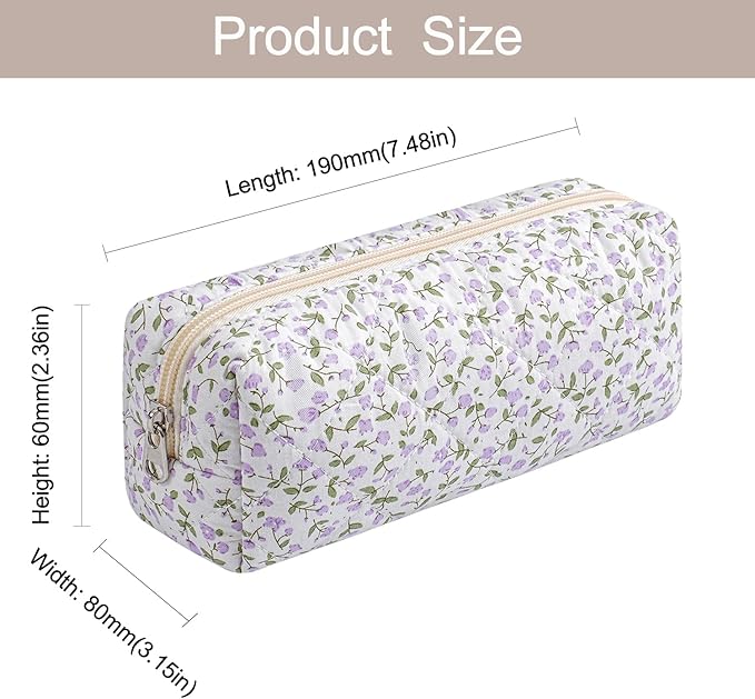 Cute Floral Makeup Brush Bag Small Cotton Quilted Cosmetic Bag for Women Travel Toiletry Zipper Make Up Pouch (Purple Floral)