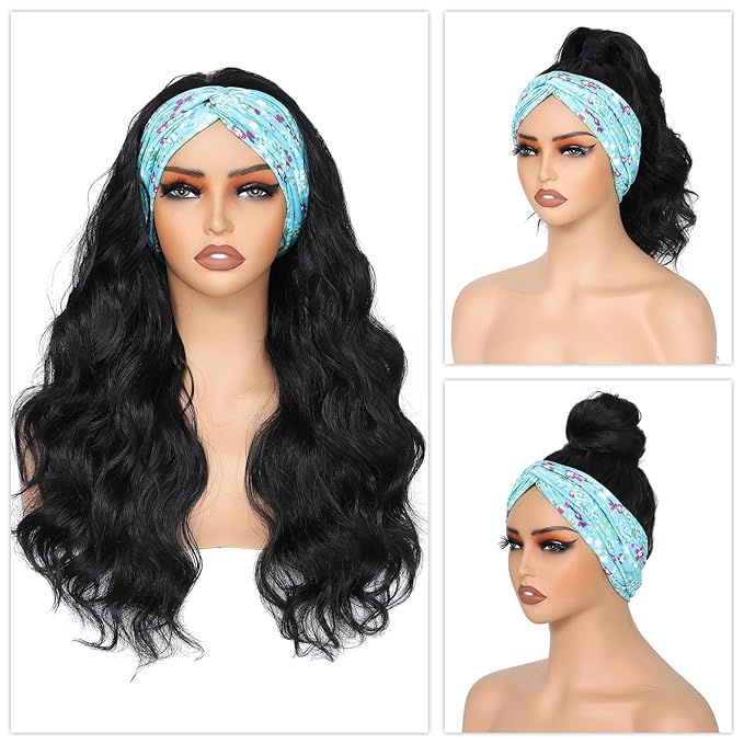 xccoco Black HeadBand Wigs for Women Long Wavy Headband Wigs 24inch Put On and Go Glueless Half Wig Loose Wave Synthetic Long Wigs for Women 200% Density