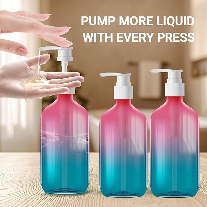 500ml Refillable Plastic Bottles with Pump Dispenser – 3 Pack Gradient Containers, BPA/Paraben-Free, Ideal for Travel Toiletries, Includes Labels