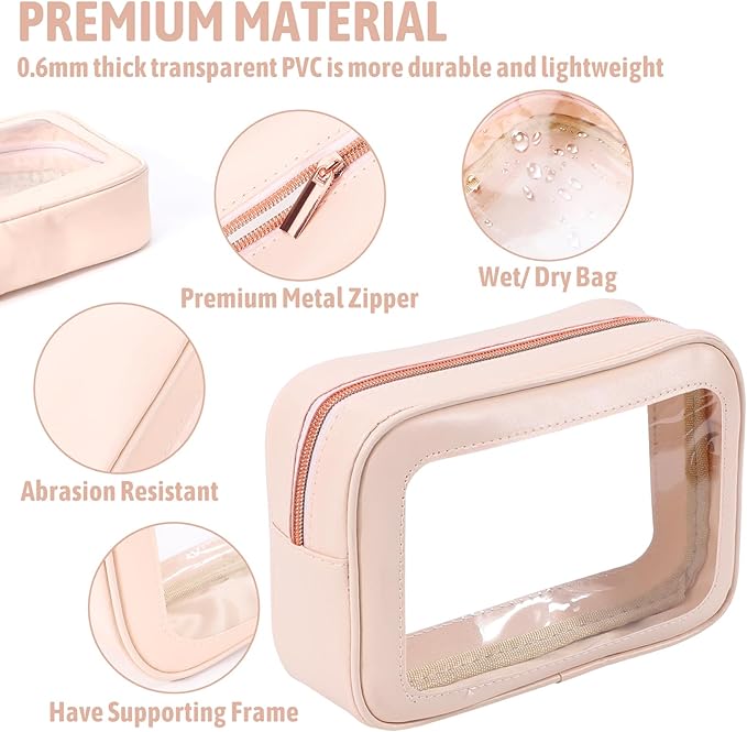 3PCS Clear Toiletry Bag,TSA Approved Travel Pouch with Zipper for Cosmetics and Toiletries，Diaper Bag Organizer Pouch Set, Purse Organizer and Clear Car Bag for Women and Kids