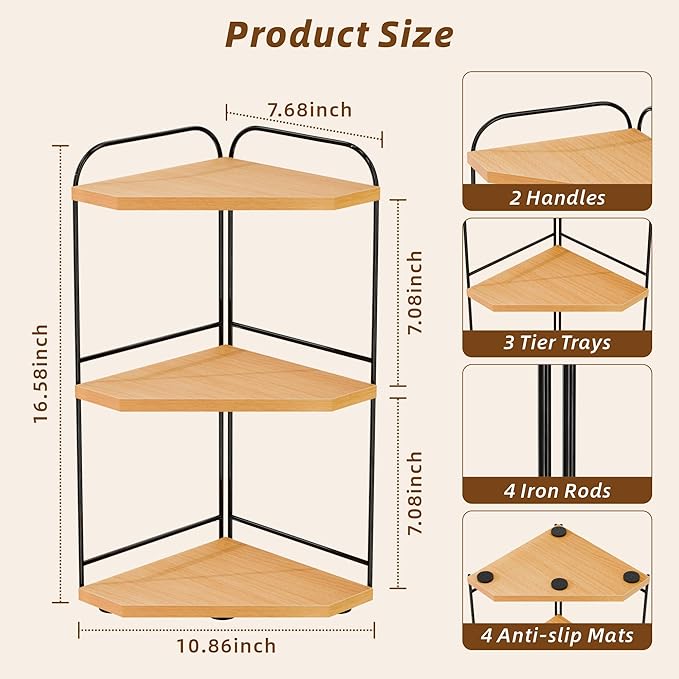 Corner Bathroom Counter Organizer, 3-Tier Wood Countertop Organizer for Perfume, Makeup Storage, Skincare Organizers for Vanity, Counter Corner Shelf for Kitchen, Bathroom, Dresser (Natural)