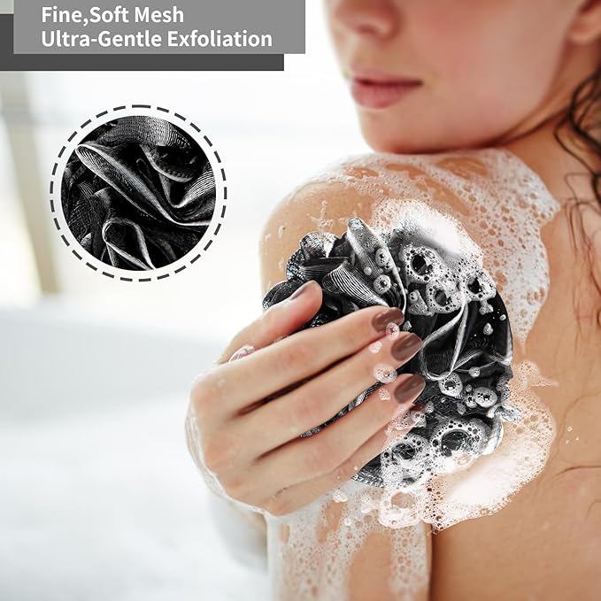 Bath Loofah Shower Sponge Body Back Scrubber Soft Mesh Shower Puffs Exfoliating Loofa for Women & Men Bath Accessories Cleaning Tool (4Pack 60G Black, Charcoal Black)
