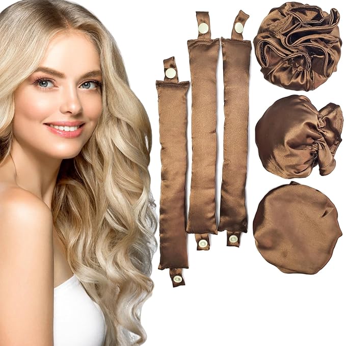 3Sets/6PCS Ariuvor New Satin Heatless Hair Curler,Hair Rollers for Heatless Curls with Hair Caps,Soft Heatless Curling Rod Headband for All Hair Types,No Heat Curling to Sleep in Overnight (brown)