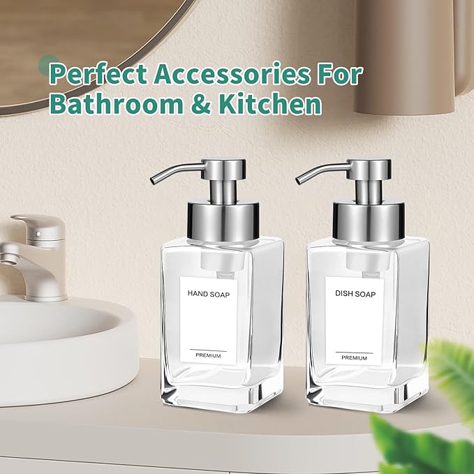 Foaming Soap Dispenser, 12oz/350ml Glass Foaming Hand Soap Dispenser Set,Refillable Foam Dispenser with Foaming Pump, Labels, Square Hand Dispenser for Bathroom, Kitchen 1 Pack
