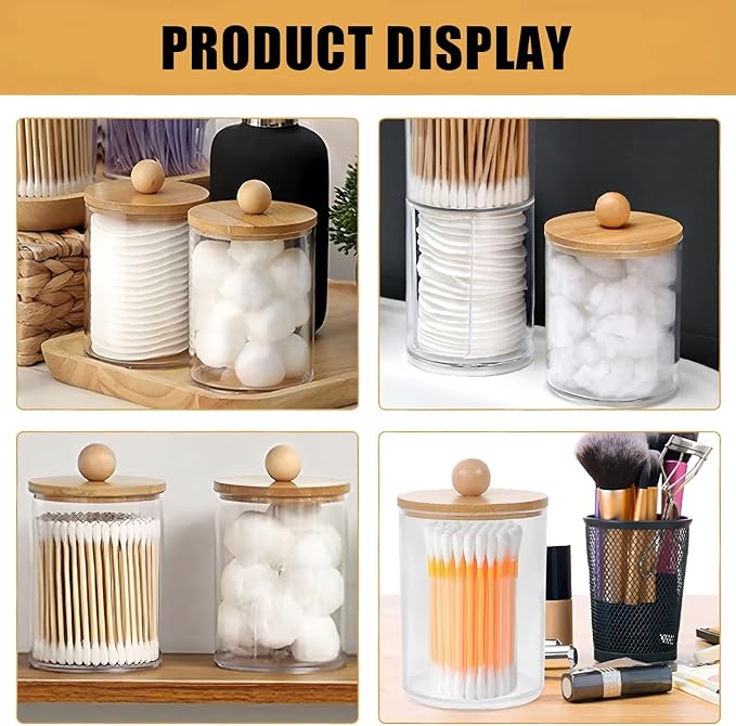 3PCS Acrylic Qtip Dispensers Holders With Wood lid, Clear Bathroom Round Countertop Storage Organizer Canister for Cotton Balls,Swabs,Pads,Bath Salts ,Makeup Sponges,Tooth Floss