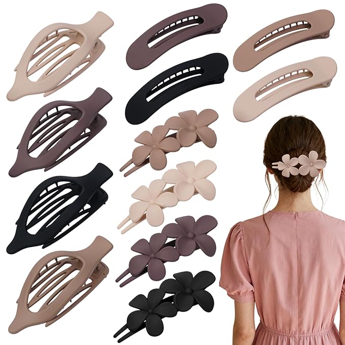 12 Pack Flat Hair Clips Set for Women –Matte Neutral Claw Clips, Flat Barrettes & Flower Hair Pins in Black, Blonde,Light Brown & Dark Brown, Strong Hold Styling Accessories for Thick & Thin Hair