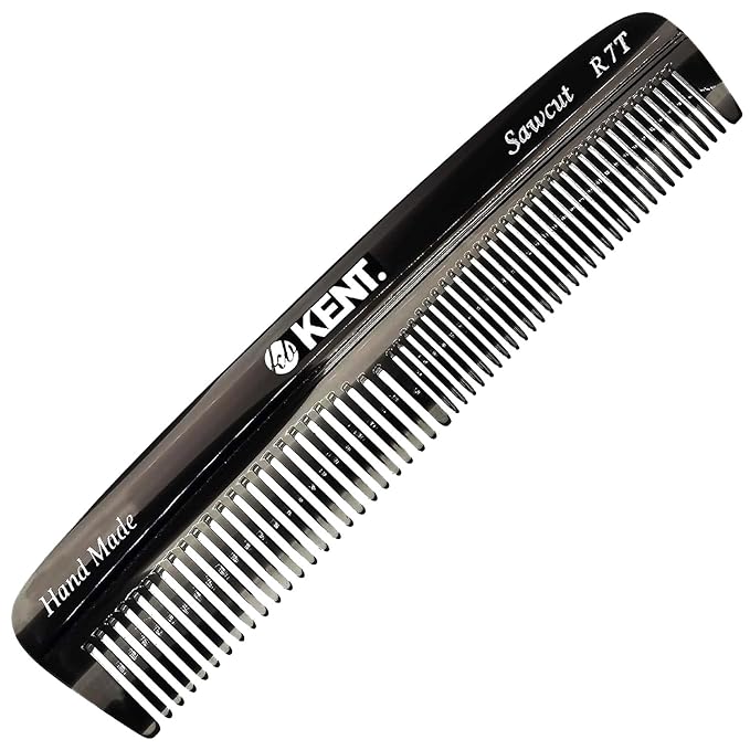 Kent R7T Black Graphite Fine and Wide Tooth Hair Comb, Handmade Pocket Comb for Men, Best Beard and Mustache Combs for Everyday Grooming and Styling, Sawcut Kent combs, Made in England