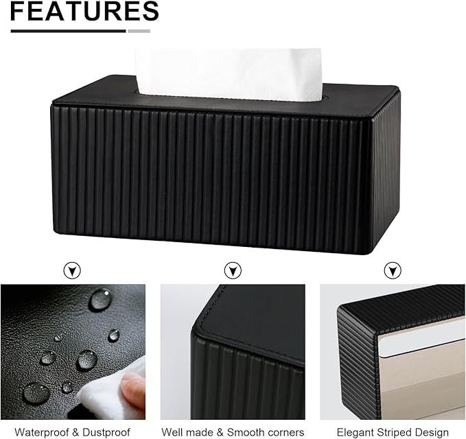 KINGFOM PU Leather Tissue Box Cover Rectangular Tissue Box Holder with Magnetic Bottom, Napkin & Facial Tissue Holder Dispenser for Home, Office for Standard 120-count/160-count (2-Ply) Black Stripe