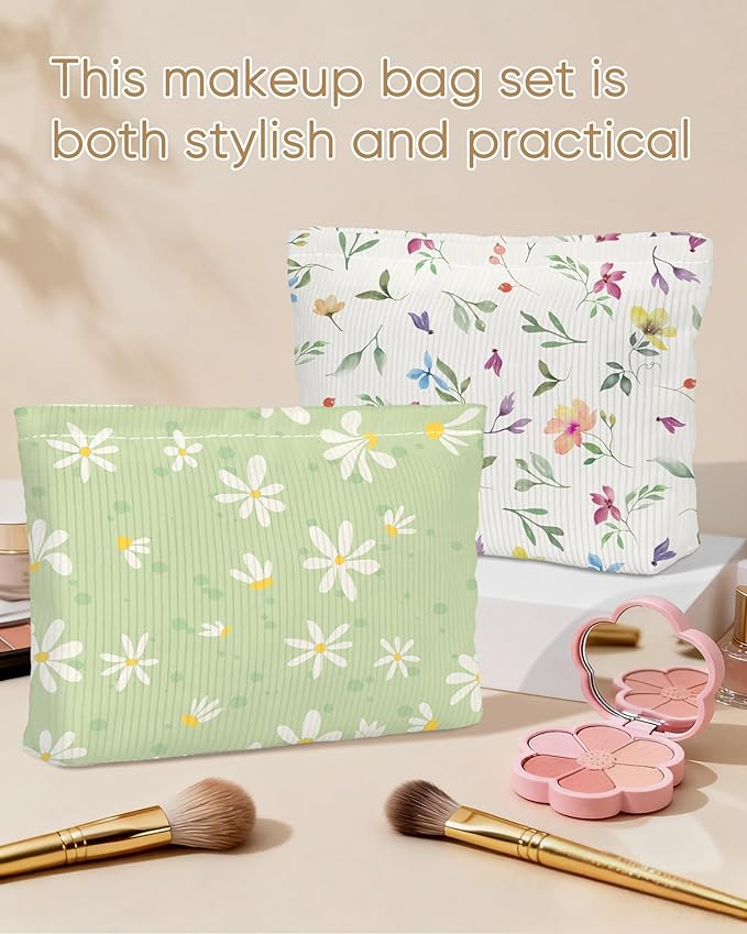 Cute Elegent Floral Flower Makeup Pouch for Women Small Make Up Bag for Purse Zipper Initial Makeup Cosmetic Bags Pouches for Purse Aesthetic Travel Toiletry Bags, Green Daisy
