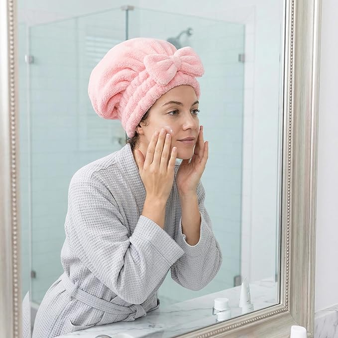 Microfiber Hair Drying Cap, Quick Dry Hair Towel Wrap, Super Absorbent Hair Turban with Bow Design, Soft Shower Head Wrap for Women,Cute Bow Hair Towel Girls Hair Towel ，Anti frizz ，Travel 4pcs