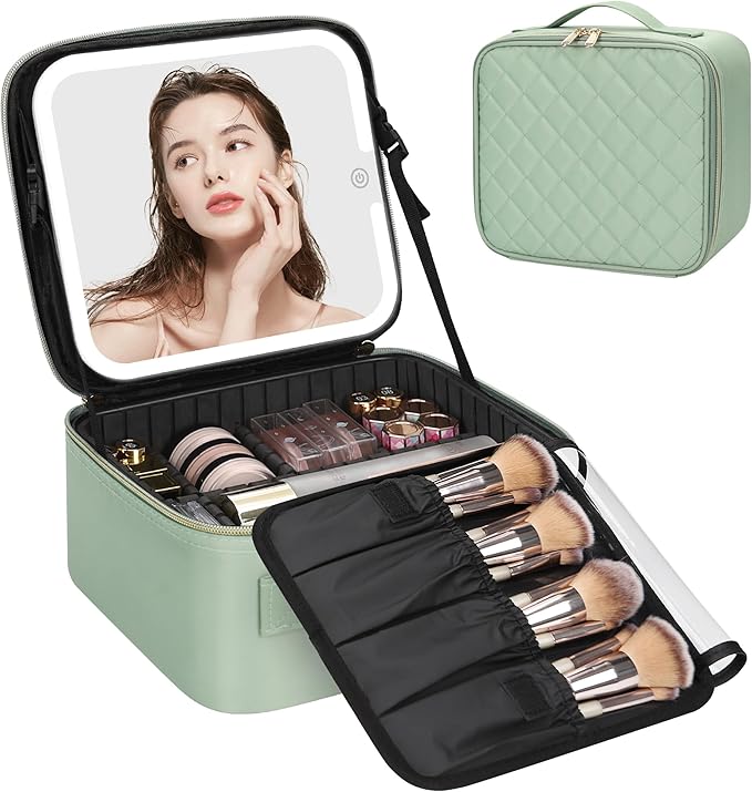 Relavel Travel Makeup Bag With LED Mirror, Portable Cosmetic Organizer Bag with Adjustable Brightness in 3 Color Scenarios, Small Train Case with Detachable Dividers for Trip- Green