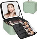 Relavel Travel Makeup Bag With LED Mirror, Portable Cosmetic Organizer Bag with Adjustable Brightness in 3 Color Scenarios, Small Train Case with Detachable Dividers for Trip- Green