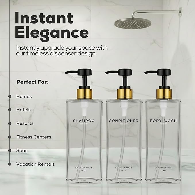 Clear Shampoo and Conditioner Dispenser Set by Brighter Barns - Refillable Plastic Shampoo Conditioner Body Wash Dispenser - Empty Pump Bottles for Body Wash - Minimalist Bathroom Decor, Gifts (Clear)