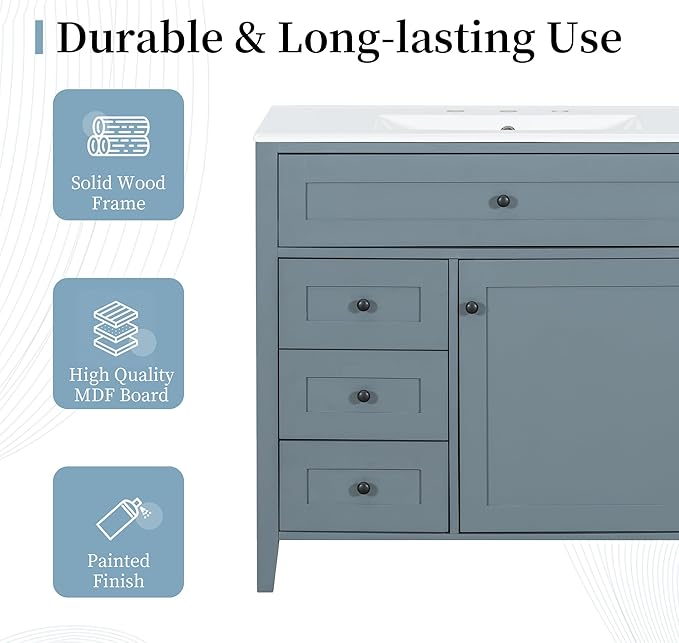 Harper & Bright Designs 36" Bathroom Vanity with Sink, Free Standing Vanity Set with 4 Drawers, Storage Racks, and Adjustable Shelf, Wood Bathroom Cabinet with Ceramic Basin for Bathroom, Blue Grey