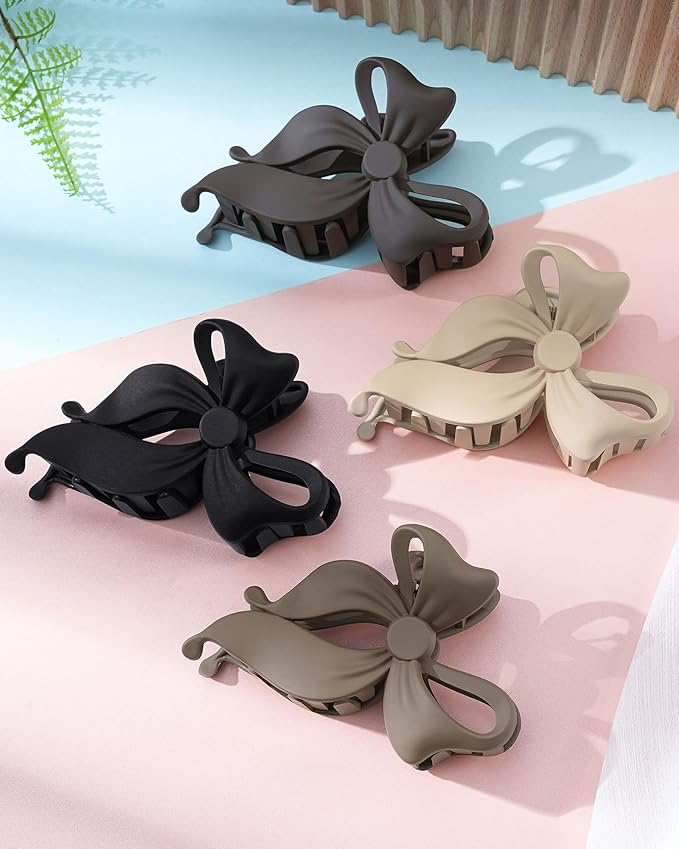 Mesovor 4 Pack Cute Bow Claw Clip for Women, Nonslip Large Matte Strong Hold Bows Hair Clips for Thin and Thick Hair | Chic Hair Styling Accessories (4.1" Black, Grey, Khaki, Brown)