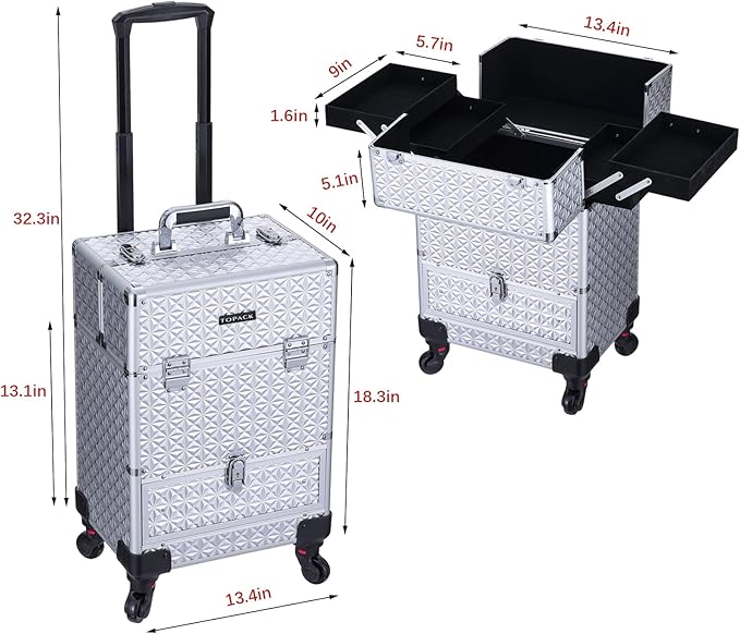 Rolling Makeup Case,Professional Cosmetology Case on Wheels,Large Cosmetic Organizer Train Case,Makeup Travel Case with Draws & Swivel wheels Nail Tech Salon Storage Traveling Cart Trunk,Silver