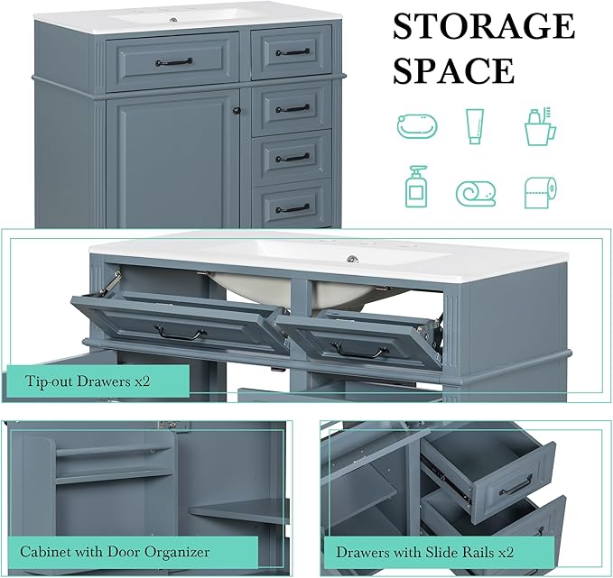 Harper & Bright Designs 36" Bathroom Vanity with Sink, Free Standing Vanity Set with 4 Drawers, Storage Racks, and Adjustable Shelf, Wood Bathroom Cabinet with Ceramic Basin for Bathroom, Blue Grey