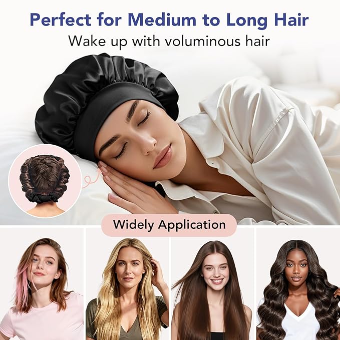LitBear Heatless Curls Overnight, 2 Sizes of Soft Hair Rollers for Women with Bonnet to Sleep In, No Heat Hair Curlers Set with Scrunchies and Clips, for Long and Medium Hair (Black)