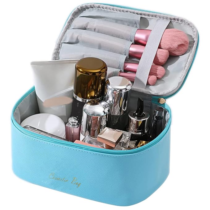 Meiyuuo Makeup Bag Large Cosmetic Bags for Women Girls Cute Travel Zipper Pouch Toiletry Organizer for Beauty Essentials Waterproof (Bright Blue)