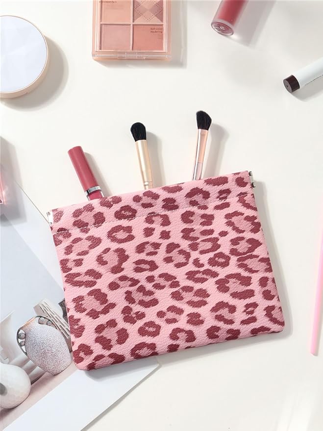 Leopard Leather Small Makeup Pouch for Women,Cosmetic Accessories Organizer,Waterproof and Portable Cosmetic Bag,Self-closing, No Zipper, Aesthetic Storage Pouch,Lipstick for Purse,Pink