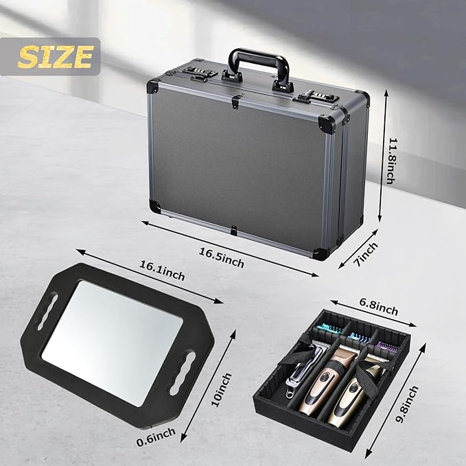 Professional Barber Case with Barber Clipper Tray Organizer, 6 Adjustable Clipper Slots & 8 Shear Holders, Portable Barber Carrying Case for Hair Tools & Supplies with Combo Locks