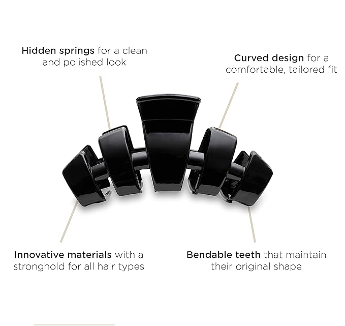 TELETIES - Large Hair Clip - Strong Grip, Bendable Teeth, Comfortable Curved Design - Ideal for Thick Hair - For All Hair Textures - Jet Black