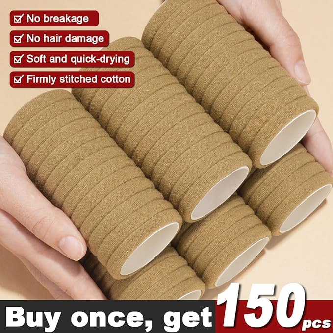 150PCS Hair Ties, IKOCO Hair Ties for Women No Damage, Cotton Seamless Ponytail Holders for Thick Hair, Light Brown