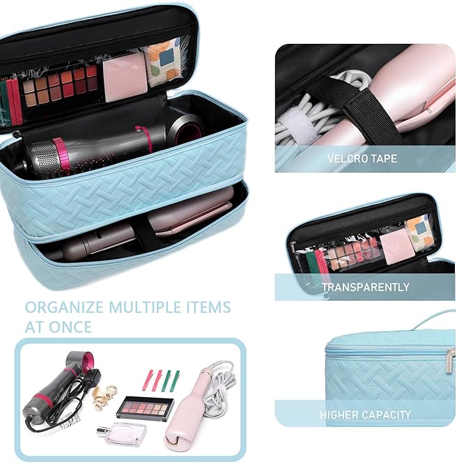 Double-Layer Travel Carrying Case for Hair Dryer/Shark Flexstyle/Dyson Airwrap and Hair Styler Attachmentst Portable Storage Organizer Bag Hair Tools Travel Bag (Blue)