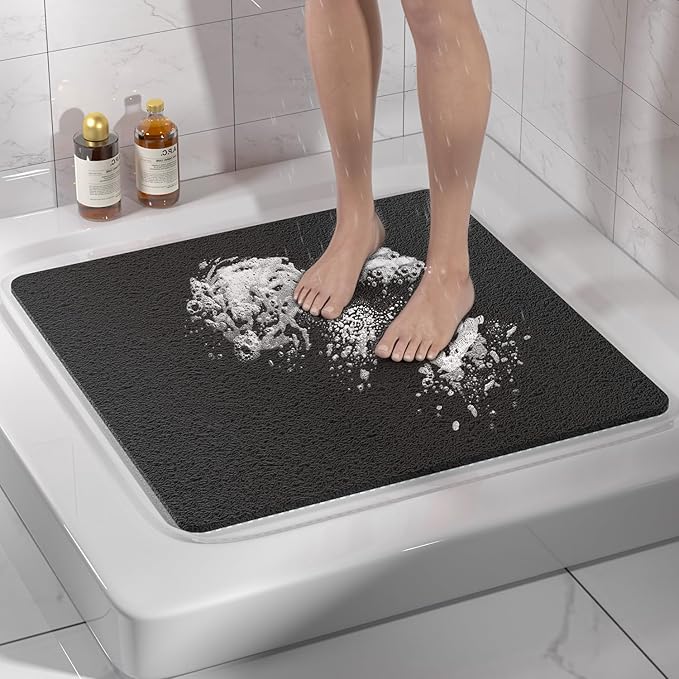 HITSLAM Square Shower Mat Non Slip, Bath Tub Mat for Textured Surface, Soft PVC Loofah Bathtub Mats Without Suction Cups, Quick Drying Shower Floor Mat, 24 x 24 Inch Bathroom Accessories, Black