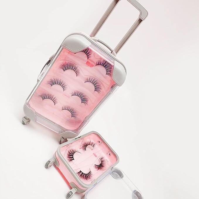 False Eyelash Storage Box, Portable Travel Organizer Mini Luggage False Eyelash Tray Makeup Tool (PINK)